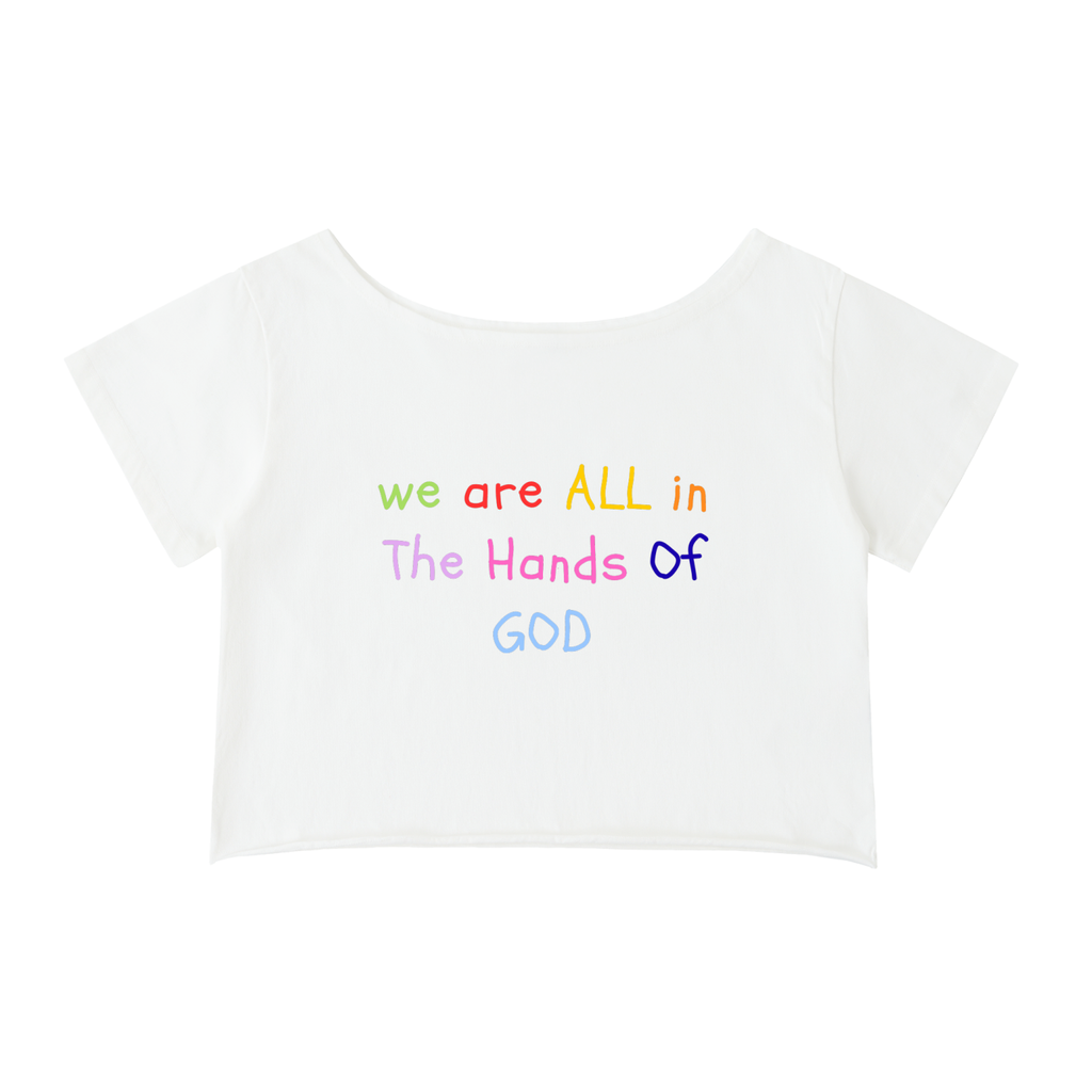 Hands of God Off-Shoulder Rolled Hem Cotton T-Shirt